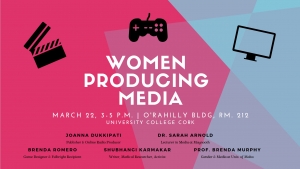 The header image for the Women Producing Media symposium on Eventbrite. It contains the dates, location, and names of the speakers.