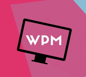 Text "WPM" inside the outline of a titled and stylised computer monitor.